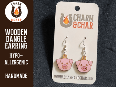 Pig Face Wood Dangle Earrings - Farm Animal Fashion Earring - Dangle Earring - Charm and Char
